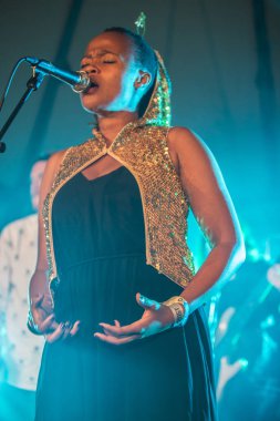 Traena, Norveç - 11 Temmuz 2014: Norveçli elektronik soul şarkıcısı Nosizwe'nin Traenafestival'deki konserinde, traena adasında düzenlenen müzik festivali
