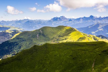 Bukolik yeşil yaz alp manzara, İsviçre Alpleri dağ masifi, kton du Valais, İsviçre