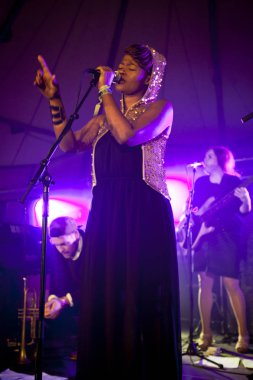 Traena, Norveç - 11 Temmuz 2014: Norveçli elektronik soul şarkıcısı Nosizwe'nin Traenafestival'deki konserinde, traena adasında düzenlenen müzik festivali