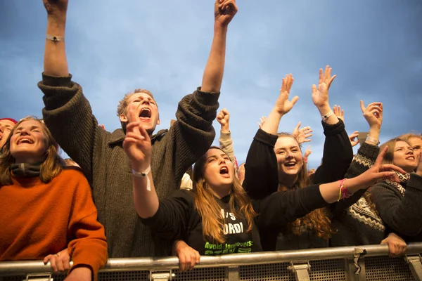 Traena, Norveç - 08 Temmuz 2016: Norveçli folk ve rock grubu Violet Road'un Traenafestival'deki konserinde seyirciler tezahürat yapıyor, Norveç'in küçük Traena adasında müzik festivali düzenleniyor