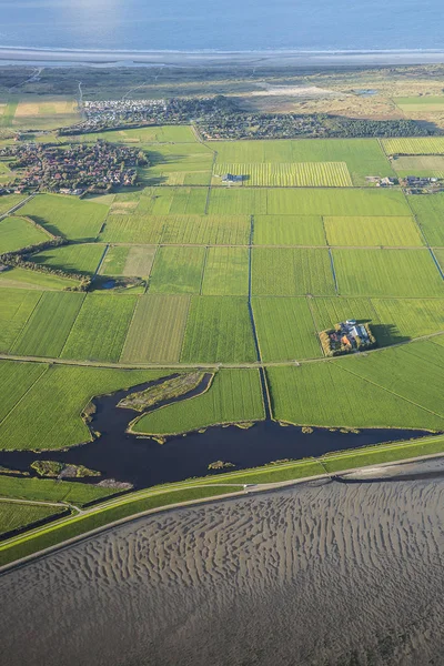 Aerial Coastal View Shore Ameland Frisian Island Green Fields Villages — Stock Photo, Image