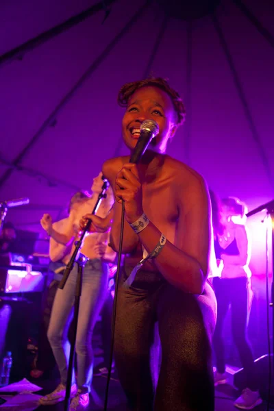 Traena, Norveç - 11 Temmuz 2014: Norveçli elektronik soul şarkıcısı Nosizwe'nin Traenafestival'deki konserinde, traena adasında düzenlenen müzik festivali