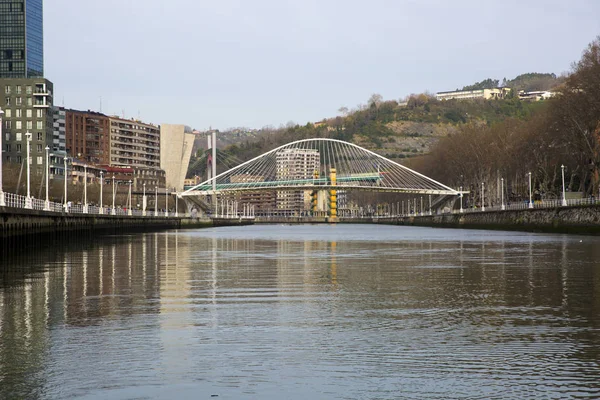 Bilbao Spagna Gennaio 2016 Fiume Nervion Con Ponte Moderno Zubizuri — Foto Stock