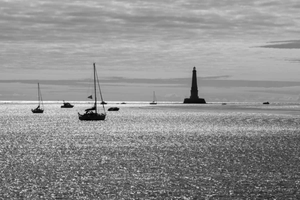 Vue Sur Mer Avec Silhouette Phare Historique Renaissance Cordouan Coucher — Photo