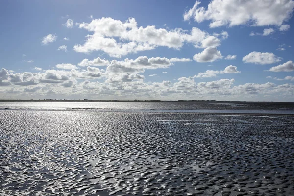 干潮時の雲の反射と海の風景 ワッデンジー フリースラント オランダ — ストック写真