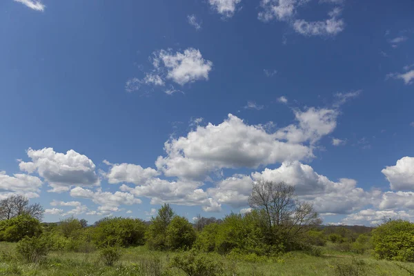 Landsbygdslandskap Våren Med Fält Och Berg Bakgrunden Och Blå Himmel — Stockfoto