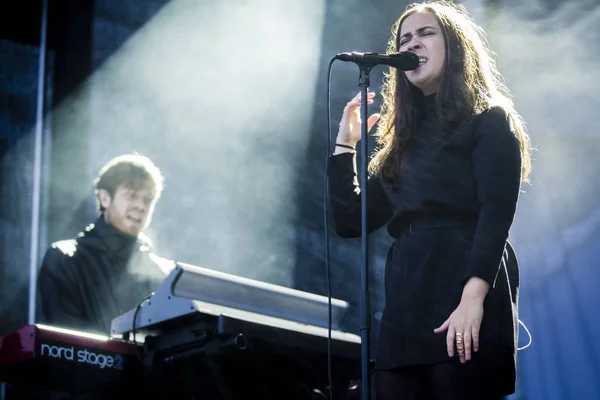 Traena, Norway - July 10 2015: concert of Norwegian artist Emilie Nicolas at Traenafestival, music festival taking place on the small island of Traena