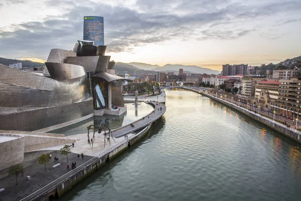 Bilbao, İspanya - 29 Ocak 2016: Amerikalı mimar Frank Gehry tarafından tasarlanan ve Ekim 1997'de açılışı yapılan modern ve çağdaş sanat Guggenheim Müzesi'nin gece manzarası.