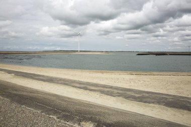 Güç yel değirmenleri ile sahil manzarası, Haringvliet, Hollanda