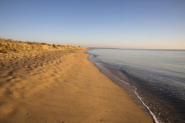 altın kum ile gün batımında bir plajda görünümü sessiz bir deniz