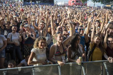 Nyon, İsviçre - 20 Temmuz 2017: Fransız ska grubu Tryo'nun Paleo Festivali konserinde tezahürat yapacak hayran kalabalığı