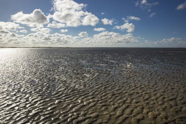 Deniz manzarası bulutların alçak gelgit sularındaki yansıması, Waddenzee, Friesland, Hollanda