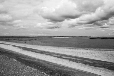 Güç yel değirmenleri ile sahil manzarası, Haringvliet, Hollanda