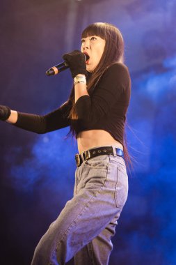 Traena, Norveç - 12 Temmuz 2014: Danimarkalı elektro-rap şarkıcısı Linkoban'ın Traenafestival'deki konseri sırasında, traena adasında müzik festivali gerçekleşiyor