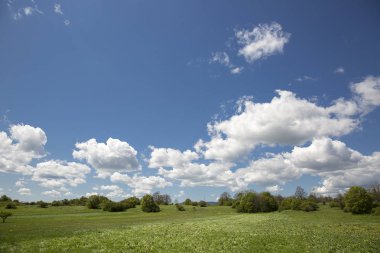Arka planda alan ve dağ ve mavi gökyüzü ve kabarık beyaz bulutlar ile baharkırsal manzara, Hırvatistan
