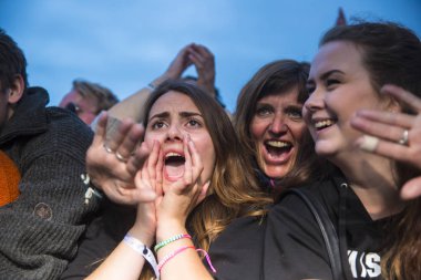 Traena, Norveç - 08 Temmuz 2016: Norveçli folk ve rock grubu Violet Road'un Traenafestival'deki konserinde seyirciler tezahürat yapıyor, Norveç'in küçük Traena adasında müzik festivali düzenleniyor