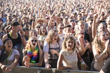 Nyon, İsviçre - 20 Temmuz 2017: Fransız ska grubu Tryo'nun Paleo Festivali konserinde tezahürat yapacak hayran kalabalığı