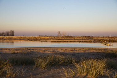 deniz şubat 2010'da fırtına Xynthia sonra dike üzerinden gitti sonra doğa rezerv Casse de la Belle Henriette de lagün alacakaranlık