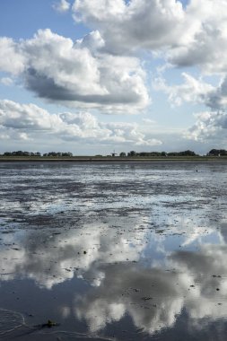 Deniz manzarası bulutların alçak gelgit sularındaki yansıması, Waddenzee, Friesland, Hollanda