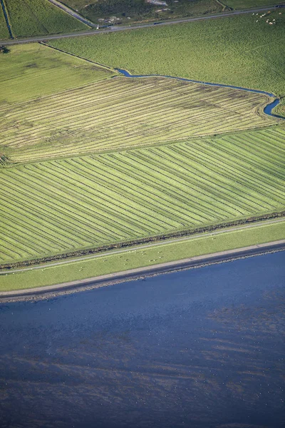 Yeşil alanlar, dike ve deniz ile Ameland Frizya Adası kıyılarının havadan kıyı görünümü, Hollanda