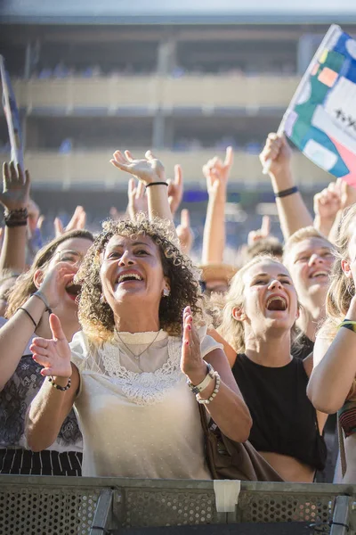 ニヨン スイス 2017年7月20日 パレオフェスティバルでフランスのスカバンドTryoのコンサートで応援し 旗を振るファンの群衆 — ストック写真