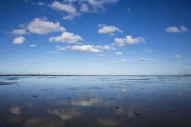 Deniz manzarası bulutların alçak gelgit sularındaki yansıması, Waddenzee, Friesland, Hollanda