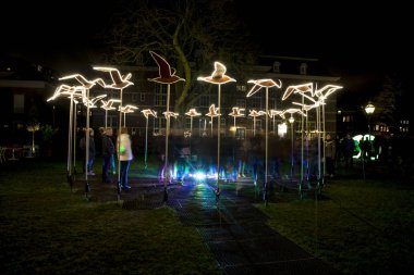 Amsterdam, Hollanda 20 Aralık 2015 : Masamichi Shimada'dan kuşlar adlı sanat eseri, Amsterdam Işık Festivali 2015'te sergilenen ve 