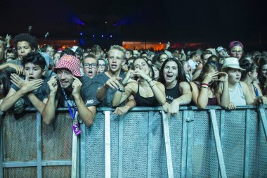 Nyon, İsviçre - 18 Temmuz 2017: Paleo Festivali'nde Fransız elektronik müzisyeni Petit Biscuit'in konserinde genç hayranların dinleyicileri