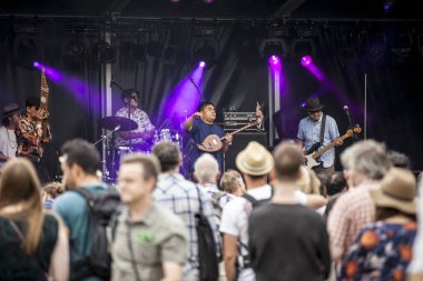 Amsterdam, Hollanda - 5 Temmuz 2015: Amsterdam Roots Open Air'de Taylandlı grup The Paradise Bangkok Molam International Band'in konseri, Park Frankendael'de 05/07/2015 tarihinde düzenlenen kültür festivali