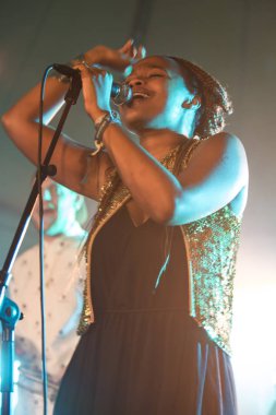 Traena, Norveç - 11 Temmuz 2014: Norveçli elektronik soul şarkıcısı Nosizwe'nin Traenafestival'deki konserinde, traena adasında düzenlenen müzik festivali