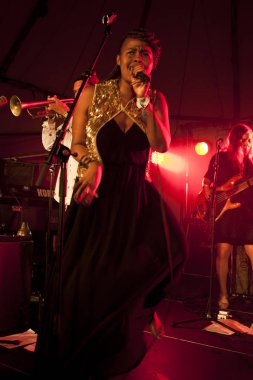 Traena, Norveç - 11 Temmuz 2014: Norveçli elektronik soul şarkıcısı Nosizwe'nin Traenafestival'deki konserinde, traena adasında düzenlenen müzik festivali