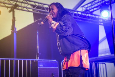 Traena, Norveç - 07 Temmuz 2016: İsveç merkezli Somalili şarkıcı Cherrie Hersi'nin Traenafestival'de konseri, traena adasında müzik festivali gerçekleşiyor