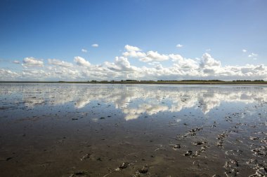 Deniz manzarası bulutların alçak gelgit sularındaki yansıması, Waddenzee, Friesland, Hollanda