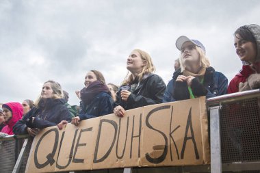 raena, Norveç - 6 Temmuz 2017: Norveçli reggae ska grubu Queduhska'nın Traenafestival'deki konserinde seyirciler tezahürat yapıyor, traena adasında müzik festivali gerçekleşiyor