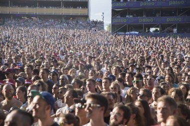 Nyon, İsviçre - 20 Temmuz 2017: Fransız ska grubu Tryo'nun Paleo Festivali konserinde tezahürat yapacak hayran kalabalığı