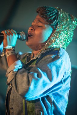 Traena, Norveç - 11 Temmuz 2014: Norveçli elektronik soul şarkıcısı Nosizwe'nin Traenafestival'deki konserinde, traena adasında düzenlenen müzik festivali