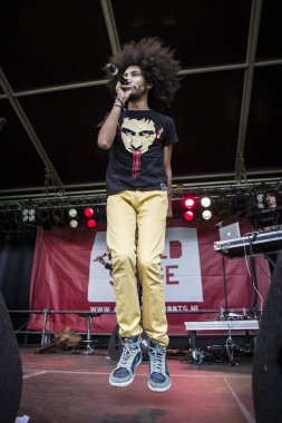Amsterdam, Hollanda - 3 Temmuz 2016: Amsterdam Roots Open Air'de alternatif Electro-Hip Hop Faslı grup N3rdistan konseri, Oosterpark'ta ücretsiz halk kültür festivali düzenlendi