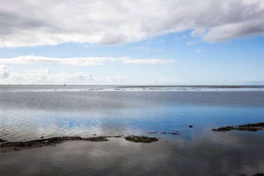 Ameland Adası 'nın kıyı şeridi, yağmurlu deniz manzaralı, bulutlar ve şafak vakti suya yansıyan turlu gökyüzü.