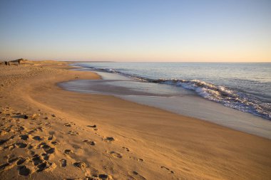 altın kum ve sessiz deniz ile gün batımında bir plajda görünümü