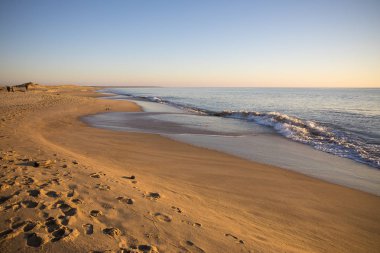 altın kum ve sessiz deniz ile gün batımında bir plajda görünümü