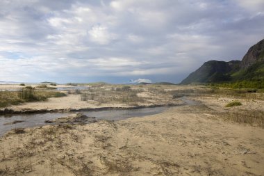 Sandhorny, Norveç dağ, kumlu plaj ve sakin deniz ile bir Fiyort muhteşem sahil manzara görünümü