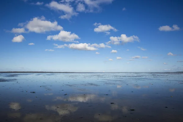 Deniz Manzarası Bulutların Alçak Gelgit Sularındaki Yansıması Waddenzee Friesland Hollanda — Stok fotoğraf