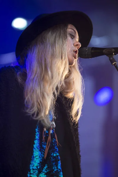 Traena, Norway - July 10 2014: during the concert of the Swedish rock band First Aid Kit at the Traenafestival, music festival taking place on the small island of Traena
