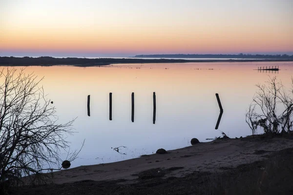 Pôr Sol Com Reflexão Águas Tranquilas Sobre Reserva Natural Casse — Fotografia de Stock