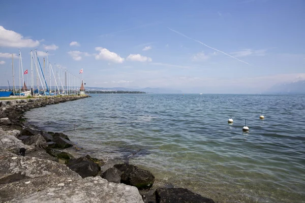 Δείτε Λίμνη Της Γενεύης Lac Leman Μια Ηλιόλουστη Ημέρα — Φωτογραφία Αρχείου