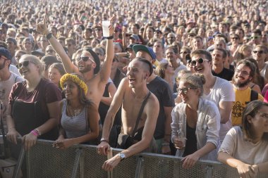 Nyon, İsviçre - 20 Temmuz 2017: Fransız ska grubu Tryo'nun Paleo Festivali konserinde tezahürat yapacak hayran kalabalığı