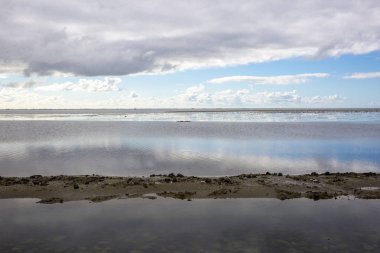 Ameland Adası 'nın kıyı şeridi, yağmurlu deniz manzaralı, bulutlar ve şafak vakti suya yansıyan turlu gökyüzü.
