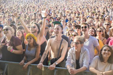 Nyon, İsviçre - 20 Temmuz 2017: Fransız ska grubu Tryo'nun Paleo Festivali konserinde tezahürat yapacak hayran kalabalığı