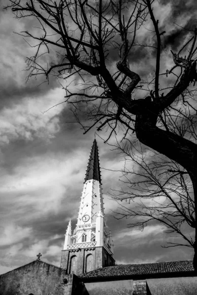 Dramática Vista Blanco Negro Torre Iglesia Saint Etienne Village Ars — Foto de Stock