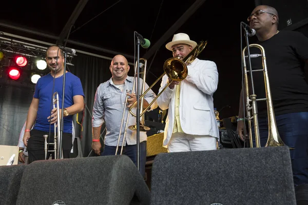 Amsterdam, Hollanda - 3 Temmuz 2016: Kübalı grup Elito Reve y su Charangon'ın Amsterdam Roots Open Air'deki konseri, Oosterpark'ta düzenlenen ücretsiz halk kültür festivali